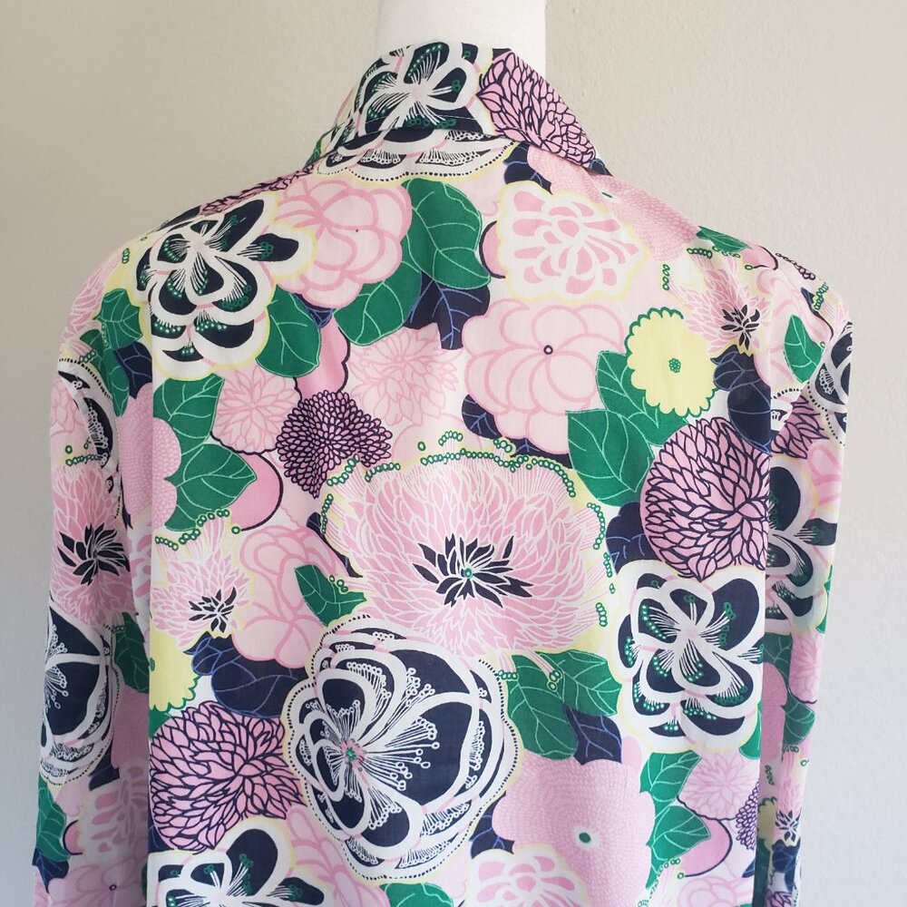 Talbots Blouse 1/2 Button Popover Lightweight Artsy Floral Roll Tab Sleeve Sz M - Picture 6 of 7